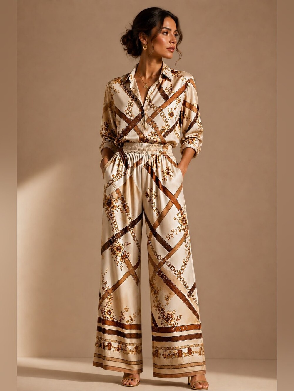 Made In Italy Viscose Rayon Silky Cream & Brown Chian Floral Pronted Pants Set